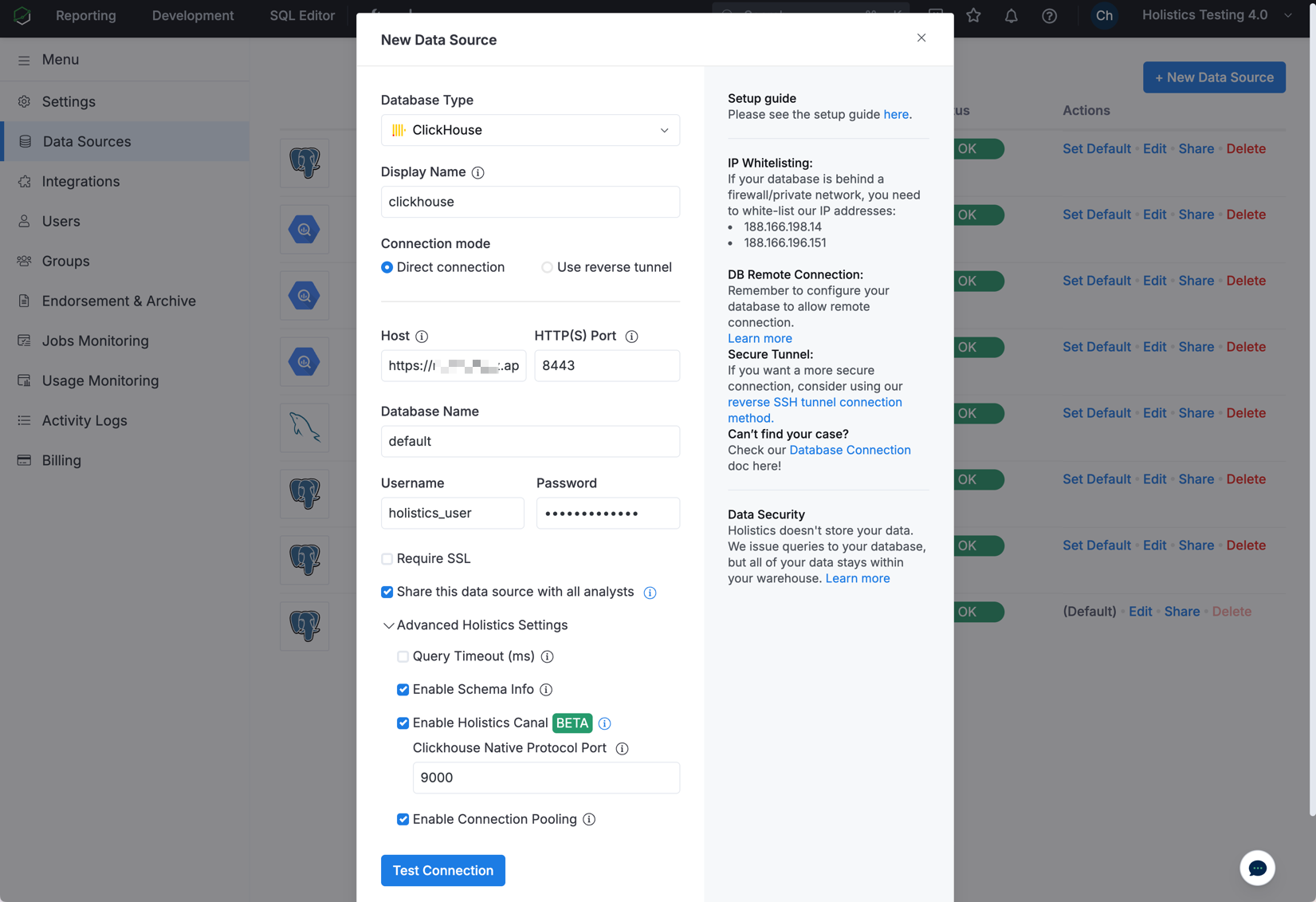 Заполнение параметров подключения к ClickHouse в Holistics